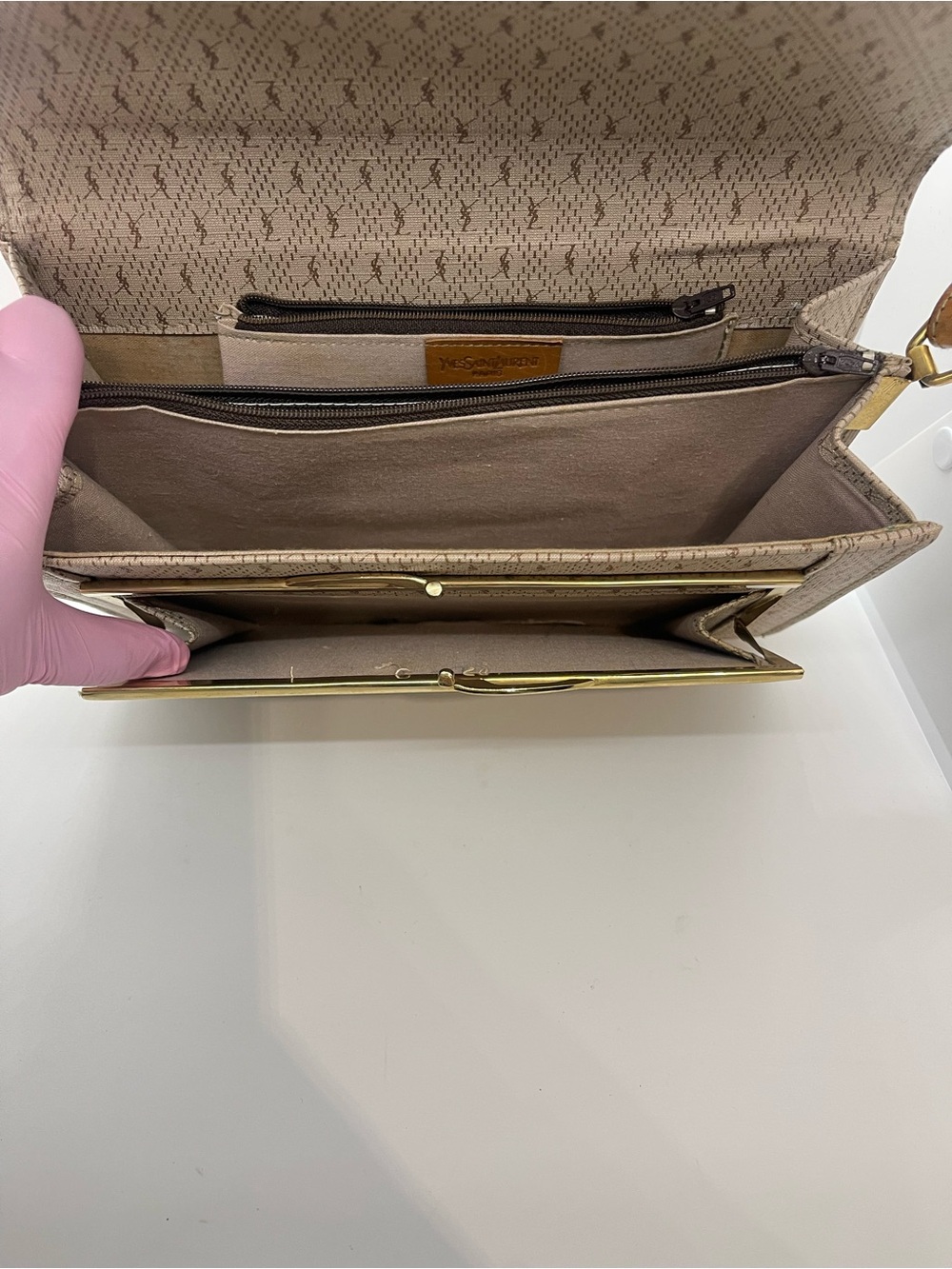 Yves Saint Laurent Beige and Brown Shoulder Bag with Monogram Trim - Picture 9 of 16